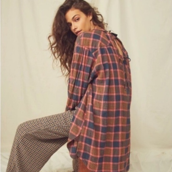 Free People Wild Side Tunic Plaid Oversized Tie Back Shirt Size S - Picture 11 of 11